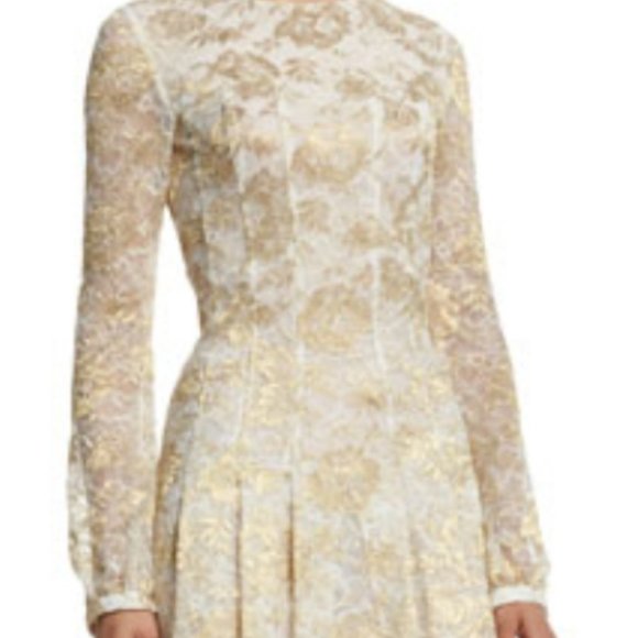 °$3,990 OSCAR DE LA RENTA GOLD FLORAL LACE MIDI RUNWAY DRESS US 0 S - Picture 6 of 9
